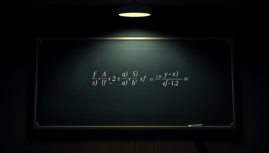 A detailed mathematical illustration of a linear equation with multiple variables. A meticulously rendered blackboard in a dimly lit classroom, the soft glow of a single overhead light casting dramatic shadows. Crisp chalk lines and symbols precisely etched, conveying the essence of an algebraic framework. The composition balanced, with the linear equation prominently featured, surrounded by supporting geometric shapes and variable notations. A contemplative mood, inviting the viewer to engage with the core concepts of this fundamental mathematical construct.