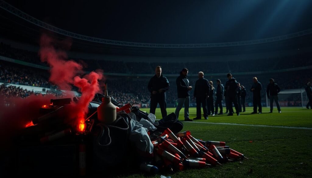 A dimly lit football stadium, the stands casting long shadows. In the foreground, a menacing pile of prohibited items - flares, smoke bombs, sharp objects, and other hazardous fan paraphernalia. The middle ground features security personnel vigilantly inspecting bags and patting down supporters, their expressions stern. In the background, the silhouettes of fans eagerly awaiting entry, undeterred by the strict security measures. The scene conveys a sense of tension and the need for stringent safety protocols to maintain order and protect the wellbeing of all attendees.