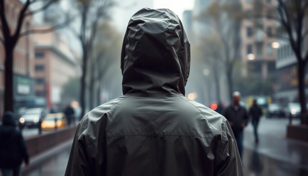 A rain jacket worn by a person standing in a rainy urban scene. The jacket is made of a durable, water-resistant material in a muted, neutral color. The person is facing away from the camera, shielding themselves from the rain with the jacket's hood. In the background, the cityscape is blurred, with buildings, trees, and other pedestrians visible through the hazy, wet atmosphere. Soft, diffused lighting creates a moody, contemplative ambiance, emphasizing the protection and comfort offered by the rain jacket against the elements.