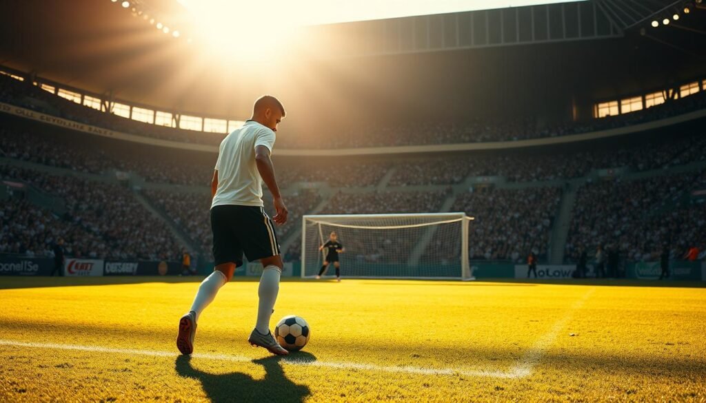 A soccer player preparing to take a free kick on a well-manicured pitch, surrounded by a tense crowd. The player stands over the ball, focusing intently, their body poised and ready to strike. Warm sunlight filters through the stadium, casting dramatic shadows and highlights on the player's form. The goal looms in the distance, the keeper positioned and alert, anticipating the shot. The composition emphasizes the player's technical skill and decision-making, inviting the viewer to immerse themselves in the critical moment of a free kick opportunity. A soccer player preparing to take a free kick on a well-manicured pitch, surrounded by a tense crowd. The player stands over the ball, focusing intently, their body poised and ready to strike. Warm sunlight filters through the stadium, casting dramatic shadows and highlights on the player's form. The goal looms in the distance, the keeper positioned and alert, anticipating the shot. The composition emphasizes the player's technical skill and decision-making, inviting the viewer to immerse themselves in the critical moment of a free kick opportunity.