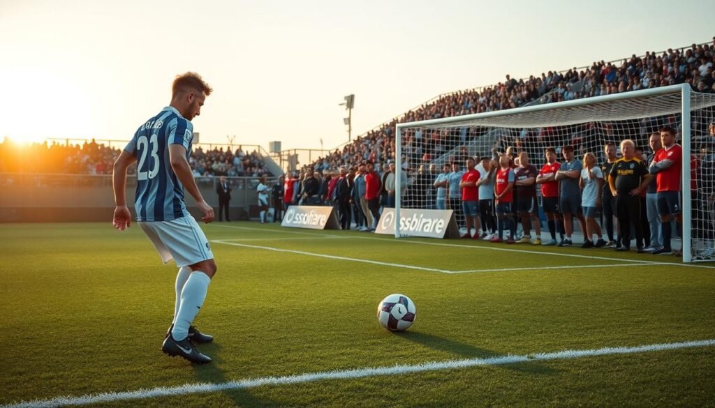 A soccer player preparing to take an indirect free kick on a well-manicured pitch, surrounded by the anticipation of the crowd. The low afternoon sun casts a warm, golden glow across the scene, as the player carefully lines up the ball, visualizing the perfect placement and trajectory. The opposing team's defensive wall stands ready, poised to block the attempt. The tension is palpable as the player's focus narrows, their body in perfect balance, ready to strike the ball and potentially unlock the stalemate. A soccer player preparing to take an indirect free kick on a well-manicured pitch, surrounded by the anticipation of the crowd. The low afternoon sun casts a warm, golden glow across the scene, as the player carefully lines up the ball, visualizing the perfect placement and trajectory. The opposing team's defensive wall stands ready, poised to block the attempt. The tension is palpable as the player's focus narrows, their body in perfect balance, ready to strike the ball and potentially unlock the stalemate.