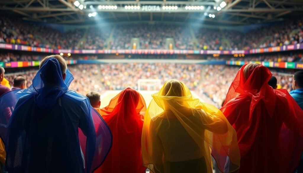 Transparent poncho-style ponchos in vibrant colors, draped elegantly over the shoulders of devoted fans, creating a shimmering mosaic of support within the stadium. Subtle patterns and textures add visual interest, while the lightweight, breathable material ensures comfort even during the most intense matches. The ponchos flow and billow, capturing the energy and excitement of the crowd, yet maintaining a sense of effortless style that defies stadium regulations. Soft, diffused lighting illuminates the scene, casting a warm, inviting glow and highlighting the unity and passion of the supporters.