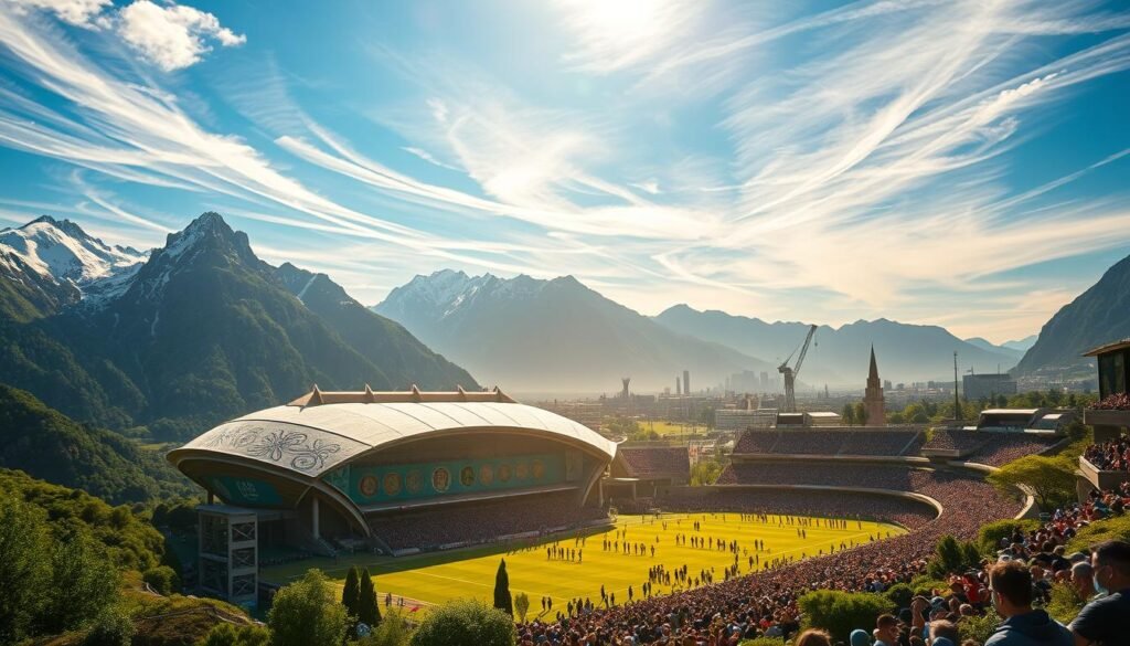 A captivating scene depicting the 2026 World Cup. In the foreground, a lush, verdant stadium nestled amidst towering mountains, their peaks capped with snow. The sky is a brilliant azure, with wispy clouds drifting lazily overhead. The stadium's facade is adorned with intricate patterns and vibrant colors, reflecting the rich cultural heritage of the host nation. In the middle ground, crowds of passionate fans stream into the arena, their faces alight with anticipation. The atmosphere is electric, with the roar of the crowd and the rhythmic chants of supporters creating a palpable energy. In the background, the silhouettes of iconic landmarks dot the horizon, adding to the sense of place and global significance. The lighting is warm and golden, casting a dreamlike glow over the entire scene and evoking a sense of hope and possibility.