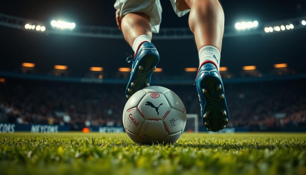 A close-up view of a soccer player's legs as they prepare to take a free kick. The player's cleated feet are positioned behind the ball, ready to strike it with precision. The grass beneath their feet is neatly trimmed, and the surrounding stadium lights cast a warm, dramatic glow on the scene. The player's intense focus is palpable, as they carefully calculate the angle and power needed to deliver a powerful, curving shot towards the goal. The tension in the air is palpable, as the crowd holds its breath in anticipation of the outcome.