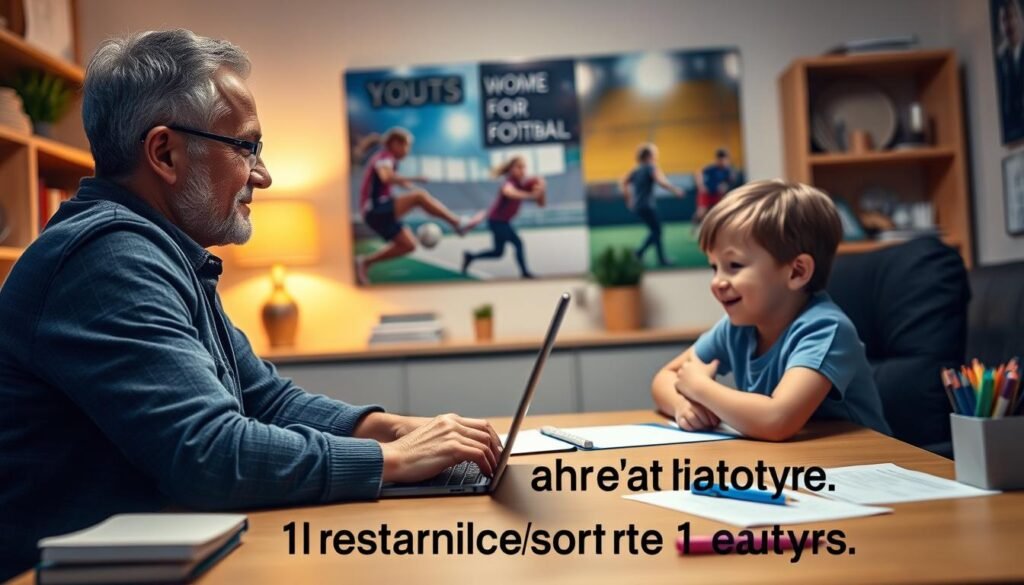 A cozy home office setting, warm lighting, a desk with a laptop, pen, and paper, showcasing the start of a practical program for young players. In the foreground, a parent and child in discussion, their expressions calm and engaged. The background features motivational sports imagery, hinting at the program's focus on youth development. The scene conveys a sense of guidance, collaboration, and a nurturing environment for young athletes to embark on their journey.