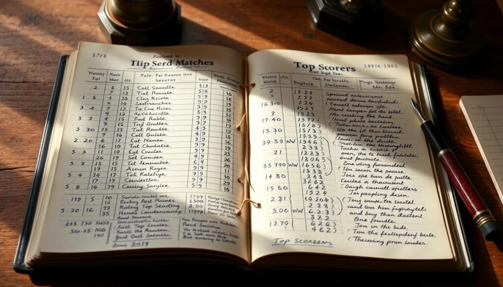 A detailed scorebook page with handwritten notes in the margins, capturing the key statistics and insights from the current season's top scorer matches. The page has a vintage, worn appearance, with a soft, muted color palette. The scorebook is positioned on a wooden desk, with a quill pen and inkwell nearby, conveying a sense of meticulous record-keeping. The lighting is warm and natural, creating a cozy, nostalgic atmosphere. The overall composition highlights the importance of these score records in documenting the history and drama of the league's top scorers. A detailed scorebook page with handwritten notes in the margins, capturing the key statistics and insights from the current season's top scorer matches. The page has a vintage, worn appearance, with a soft, muted color palette. The scorebook is positioned on a wooden desk, with a quill pen and inkwell nearby, conveying a sense of meticulous record-keeping. The lighting is warm and natural, creating a cozy, nostalgic atmosphere. The overall composition highlights the importance of these score records in documenting the history and drama of the league's top scorers.