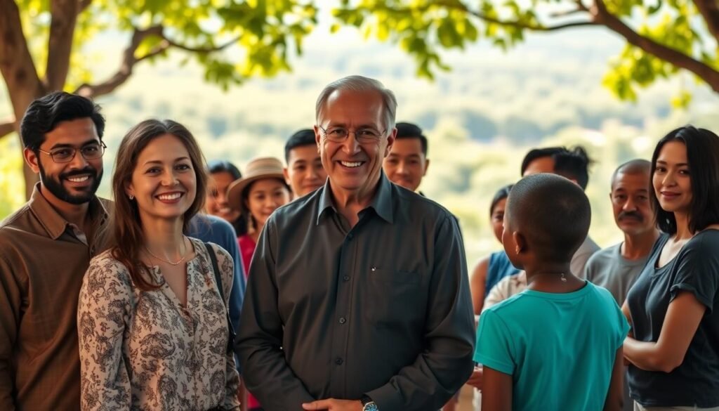 A diverse group of level coaches standing in a warm, inviting setting. In the foreground, a middle-aged man and woman, both with kind expressions, guiding a group of parents with children of various ages and ethnicities. Behind them, a panoramic view of a lush, verdant landscape, with sunlight filtering through the trees, creating a serene, nurturing atmosphere. The coaches wear professional attire, yet their body language exudes approachability and empathy. The scene conveys an atmosphere of personalized guidance, cultural relevance, and a commitment to supporting the holistic development of young individuals through the collaborative efforts of a diverse team of mentors.