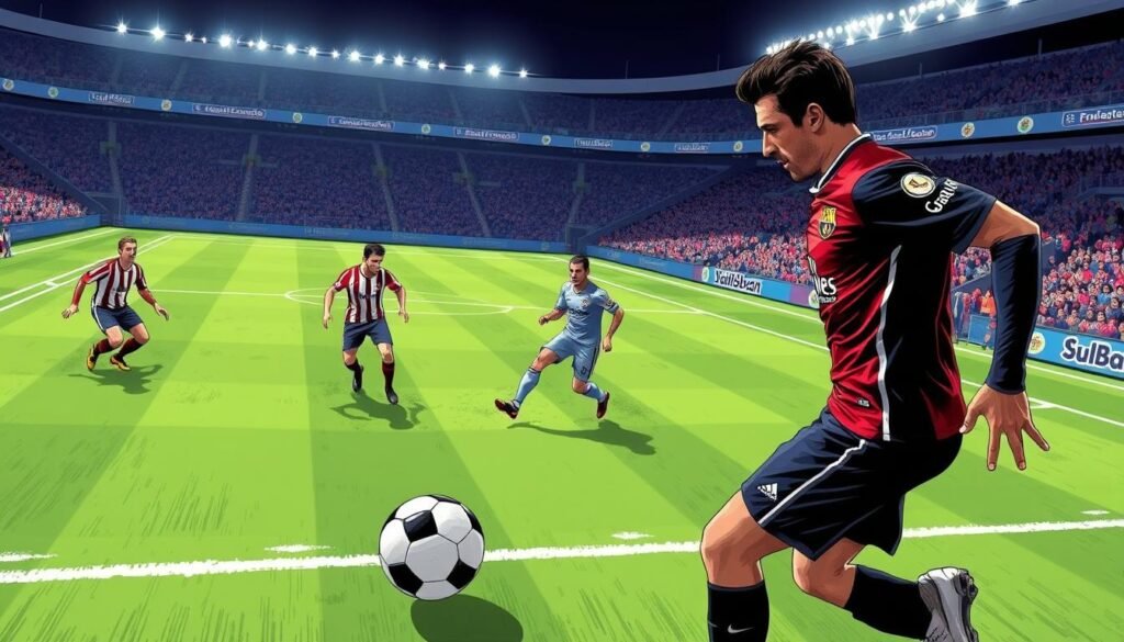 A dynamic illustration of a soccer field during an intense match, focusing on a player's strategic movements exploiting weaknesses in Atletico Madrid's defense. In the foreground, a professional soccer player in a sleek uniform is dribbling the ball, showcasing skill and agility, with a determined expression. In the middle ground, two defenders from Atletico Madrid appear momentarily off-balance, highlighting their defensive weaknesses, while analyzing players on the sidelines observe intently. The background features a packed stadium filled with passionate fans, their faces animated with excitement under vibrant stadium lights, creating a high-energy atmosphere. The overall mood is tense and strategic, captured from a low angle to emphasize the action and the athletes’ determination, with a focus on clarity and vivid colors to draw attention to the unfolding drama.