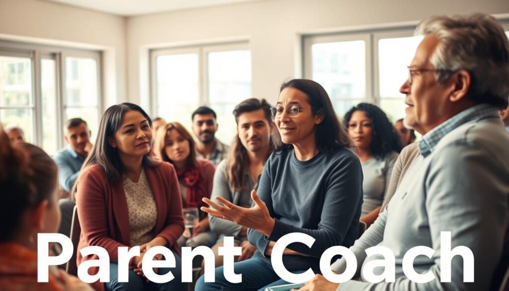A serene group discussion among a diverse group of parents, gathered in a warm, well-lit seminar room. Soft natural light cascades through large windows, casting a gentle glow on the attentive faces of the participants. In the foreground, a parent shares their personal testimony, gesturing emphatically as the others nod in understanding. The middle ground features a mix of pensive expressions and engaged body language, conveying the meaningful exchange of experiences and insights. The background maintains a sense of tranquility, allowing the focus to remain on the shared narrative of the parent community. An atmosphere of trust, empathy, and mutual support permeates the scene, reflecting the spirit of the "Parent Coach" program.