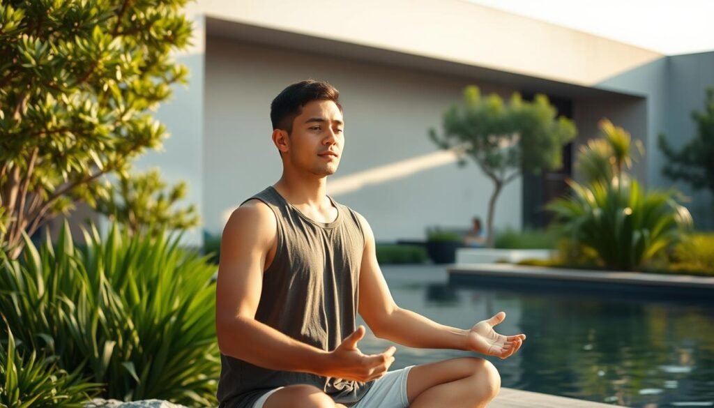 A serene, tranquil scene of a person in a comfortable meditation pose, surrounded by lush greenery and a calming water feature. The lighting is soft and natural, creating a warm, inviting atmosphere. The individual's expression is one of deep focus and inner peace, reflecting the mental discipline and emotional balance required for peak performance. In the background, a minimalist, modern architecture provides a clean, uncluttered backdrop, symbolizing the integration of physical and mental preparation. The overall composition conveys a sense of harmony, resilience, and the power of the mind to overcome challenges, mirroring the themes of the article.