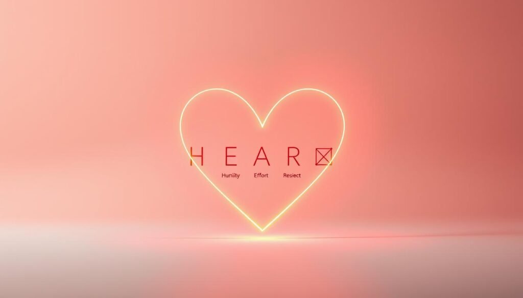 A vibrant, minimalist composition depicting the values of &amp;quot;HEART&amp;quot; - Humility, Effort, Ambition, Respect, Teamwork - as a series of simple, yet impactful symbols. In the foreground, a stylized heart shape formed from intersecting lines, emanating a warm, glowing light. The middle ground features abstract icons representing each core value, arranged in a balanced, symmetrical layout. The background is a soft, gradient wash of neutral tones, allowing the central elements to take center stage. The overall mood is one of harmony, focus, and the power of collective principles. Captured through a clean, high-contrast lens with dramatic, directional lighting to heighten the sense of importance and impact.