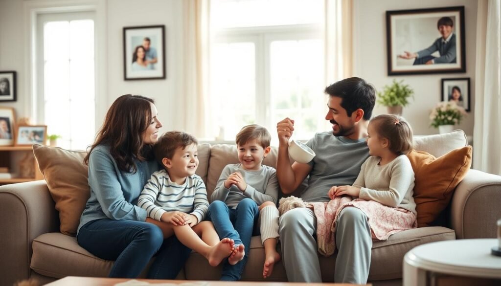 A warm, cozy family scene set in a comfortable living room. A mother and father are seated on a plush couch, engaged in an animated discussion with their two children, a boy and a girl. The room is bathed in soft, natural lighting from large windows, creating a sense of tranquility and togetherness. On the walls, framed family photos suggest a long history of cherished moments. The overall atmosphere conveys the benefits of a nurturing, supportive family dynamic - emotional security, open communication, and a strong foundation for the children's growth and development.