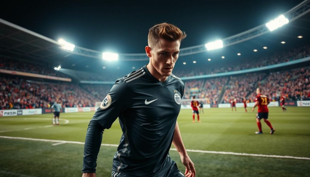 A detailed analysis of a tall striker, 195cm, showcasing his performance on the football field. In the foreground, a professional male footballer in a sleek jersey, focused, with athletic build and determination on his face, dribbling the ball. In the middle ground, a football pitch with clear markings, teammates and opponents in the action of a match, displaying intense competition. The background features a stadium filled with fans, vibrant and energetic atmosphere, with banners waving. The scene is lit with bright stadium lights, simulating a night game, emphasizing the intensity of the moment. Use a slightly low camera angle for a dramatic perspective, capturing the essence of athletic prowess and the dynamics of high-level football.