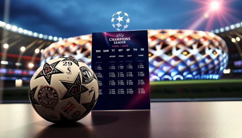 A detailed and visually striking image depicting the schedule of the Champions League 2025 Final in Munich. In the foreground, a stylized football with intricate designs representing the participating teams, placed on a sleek, modern table. In the middle ground, a beautifully arranged calendar with match dates and times, highlighted with graphics of the iconic Allianz Arena lit up at night in the background. The atmosphere should convey excitement and anticipation, with soft lighting creating a warm, inviting glow. Add a lens flare effect to suggest the dynamic energy of the event. The composition should be well-balanced, focusing on the calendar and football to emphasize their importance without text or additional clutter.