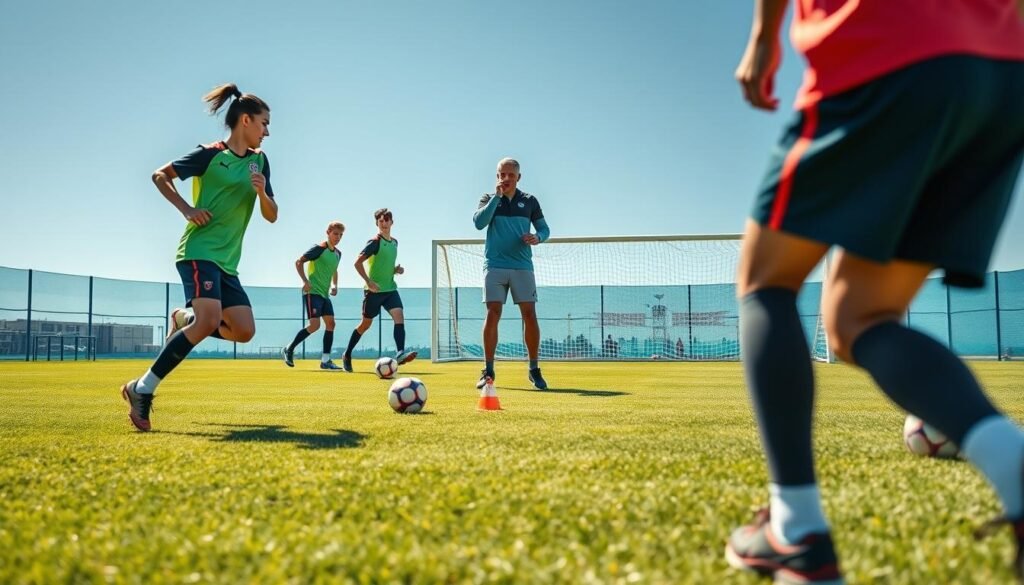 A dynamic scene capturing a soccer interval training session on a vibrant green pitch. In the foreground, a diverse group of players, dressed in professional athletic wear, are engaged in high-intensity drills. One player is sprinting, while another is performing agility exercises with cones. In the middle ground, a coach, dressed in casual sports attire, is demonstrating techniques and encouraging the players, conveying a sense of motivation and teamwork. The background features goalposts and a clear blue sky, adding depth. The sunlight casts sharp shadows, enhancing the energy of the scene. The overall mood is focused and energetic, emphasizing stamina training and teamwork for a full 90-minute match. The composition is shot at eye level, capturing the players' determination and the intensity of the training.