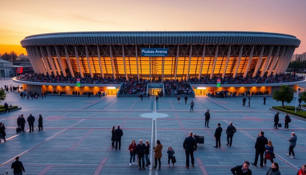 A stunning view of Puskás Aréna in Budapest during a vibrant early evening, with the stadium's unique architectural design prominently displayed. In the foreground, a clean, well-maintained plaza surrounds the entrance, inviting fans in professional attire to gather and share their excitement. The middle ground features the stadium’s exterior, showcasing its illuminated façade and modern lines under a warm golden hour light. The background includes a clear sky fading into soft hues of orange and purple. The atmosphere is electric and joyful, capturing the anticipation of a major football event, with no people obscuring the beauty of the structure. The image should use a slightly elevated angle for a comprehensive view, highlighting the grandeur and scale of the arena.