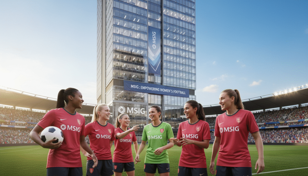 A vibrant and dynamic scene showcasing corporate support for women's football, illustrating MSIG's commitment to empowering female athletes. In the foreground, a diverse group of women in professional sports attire hold a football, smiling as they engage in a collaborative discussion. In the middle ground, a modern corporate building with large windows reflects bustling activity inside, symbolizing corporate involvement. The background features a football field with cheering fans and a clear blue sky, setting a lively atmosphere. Soft, natural lighting enhances the scene, creating an uplifting and optimistic mood. The angle should be slightly elevated to capture both the athletes and the corporate environment, emphasizing the partnership between sport and business in a harmonious and empowering way.
