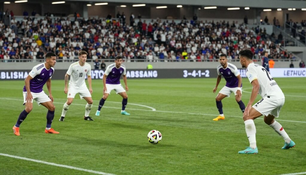 A dynamic soccer field scene showcasing two tactical formations: a 5-3-2 formation with five defenders and three midfielders in a defensive stance, and a 3-4-1-2 formation featuring three defenders, four midfielders, and one forward, in an attacking stance. The players are in professional team kits, with a focus on strategy and movement. In the foreground, emphasize the detail of the players’ focused expressions and body language, while in the middle ground, include a vibrant soccer ball and detailed field markings. The background features a cheering crowd in a stadium, illuminated by bright lights, creating an energetic atmosphere. Capture the scene from a slightly elevated angle to highlight both formations, using soft natural lighting to enhance realism and depth. A dynamic soccer field scene showcasing two tactical formations: a 5-3-2 formation with five defenders and three midfielders in a defensive stance, and a 3-4-1-2 formation featuring three defenders, four midfielders, and one forward, in an attacking stance. The players are in professional team kits, with a focus on strategy and movement. In the foreground, emphasize the detail of the players’ focused expressions and body language, while in the middle ground, include a vibrant soccer ball and detailed field markings. The background features a cheering crowd in a stadium, illuminated by bright lights, creating an energetic atmosphere. Capture the scene from a slightly elevated angle to highlight both formations, using soft natural lighting to enhance realism and depth.