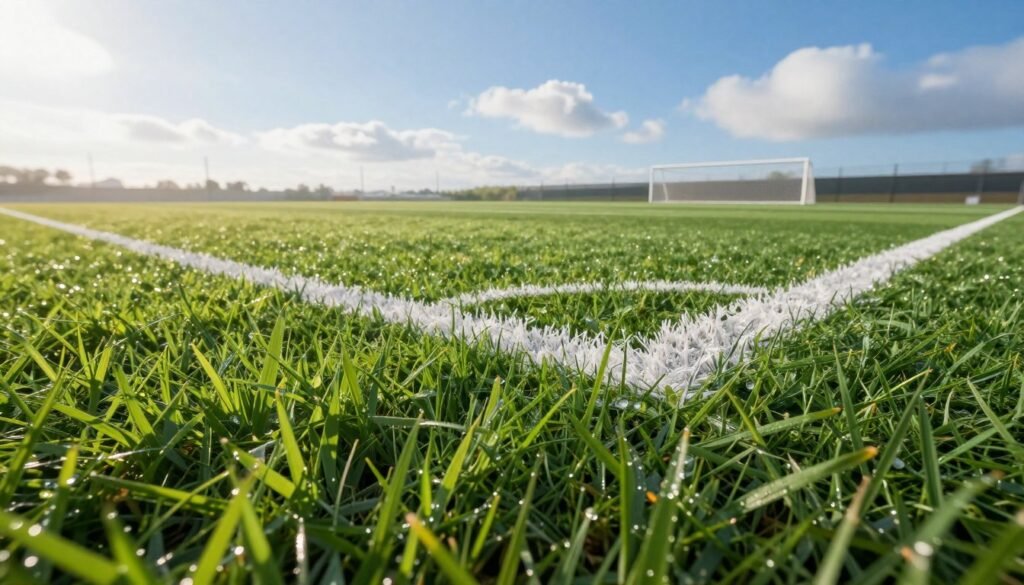 A vibrant and lush football pitch with high-quality grass known as "jenis rumput lapangan sepak bola," showcasing a close-up view of the grass blades, glistening in the morning sunlight. The foreground features dewdrops clinging to the fresh green grass, conveying a sense of early morning serenity. In the middle ground, a perfectly maintained football field is seen with crisp white lines marking the field, surrounded by goalposts. The background depicts a clear blue sky adorned with a few soft, fluffy clouds, creating an atmosphere of a bright, sunny day. The image should be captured at a low angle, emphasizing the texture and vibrant color of the grass, while imparting a lively, energetic mood that resonates with the strategic essence of the game played on this field.